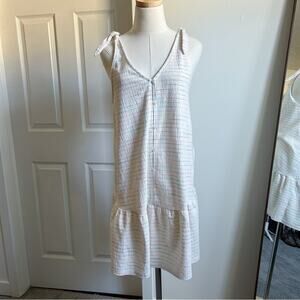 Loft white ivory striped button down ruffle tie sleeves mini dress